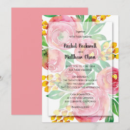 Rosa Gult Coral Watercolor Blommigt Bröllop Inbjudningar