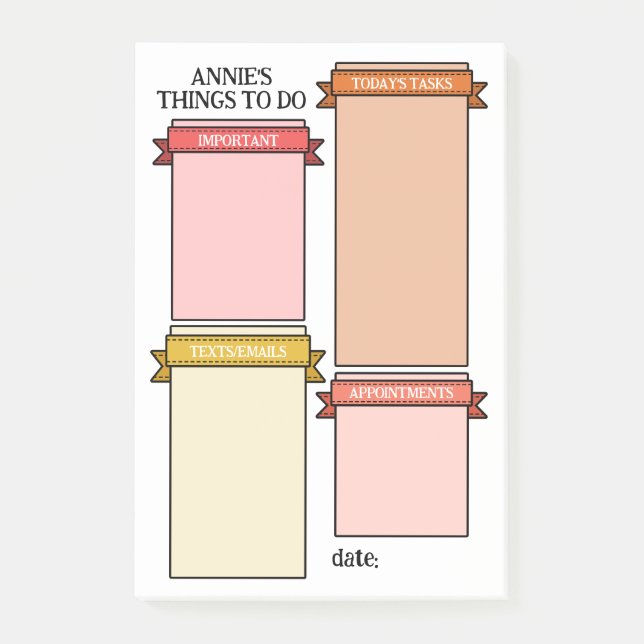 Rosa Gult Cute Ribbon Labels Sak to Do Post-it Block (Framsida)