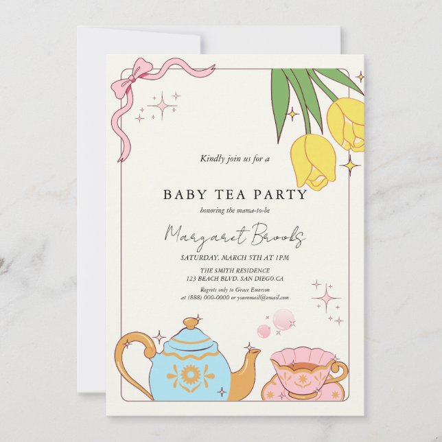Rosa Gult Cute Tea Party Baby Shower Inbjudningar (Framsida)