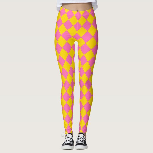 Rosa Gult Diamond Harlequin Checker Mönster Leggings (Framsida)