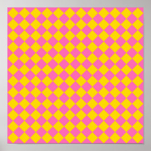Rosa Gult Diamond Harlequin Checker Mönster Poster