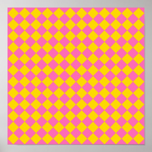 Rosa Gult Diamond Harlequin Checker Mönster Poster (Framsidan)