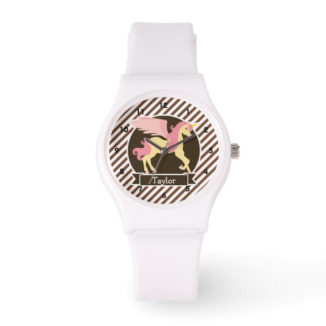 Rosa & Gult Fantasy Unicorn; Brown White Rand Armbandsur (Framsida)