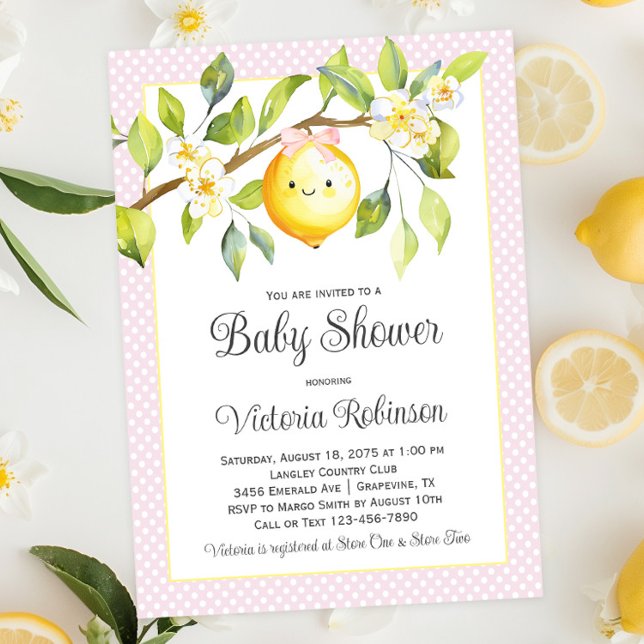 Rosa Gult Girl Lemon Baby Shower Inbjudningar (Cute pink and yellow baby girl lemon baby shower invitation. Simply add your event details.)