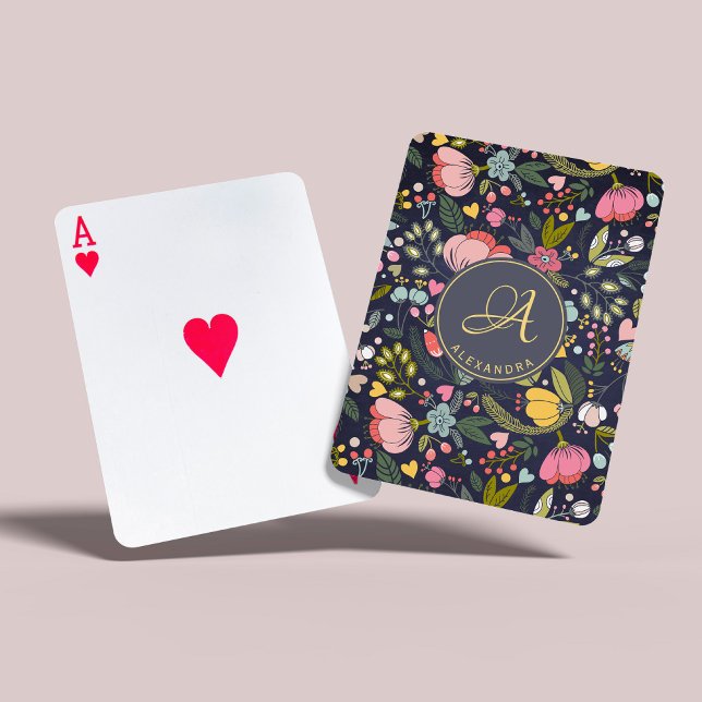 Rosa gult grått blommönster monogram namn casinokort (Skapare uppladdad)