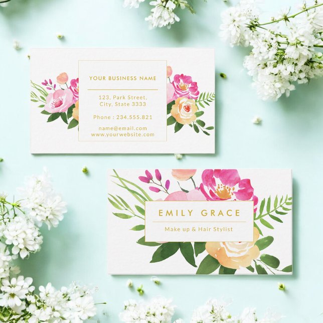 Rosa Gult Grönt Blommigt  Vattenfärgslådor Visitkort (Skapare uppladdad)