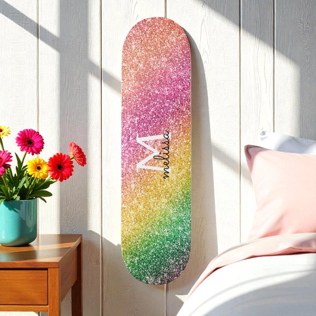 Rosa Gult Grönt Glitter Rainbow Monogram Mini Skateboard Bräda 18,5 Cm (Skapare uppladdad)