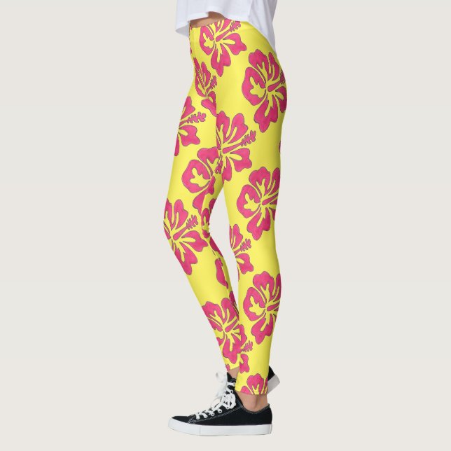 Rosa Gult Hawaii Tropical Hibiscus Flower Leggings (Vänster)