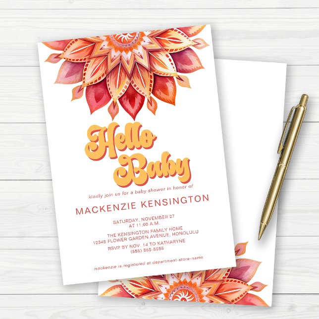 Rosa Gult Hej Retro Hippie Flower Baby Shower Inbjudningar (Cute Retro Typography "Hello Baby" Baby Shower Invitations)
