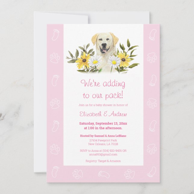 Rosa Gult Labrador Hund Baby Shower-inbjudan Inbjudningar (Framsida)