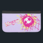 Rosa gult lila Flickor med namnet flap fodral<br><div class="desc">Ljusfotboll/fotboll för rosa,  gult och lila splatt på baksidan av målet/barnflickornas mobilfodral. Perfekt för fotbollsspelare och kvinnliga fotbollsspelare...  personliggör med din egen namn för närvarande Megan. Designad av Sarah Trett.</div>