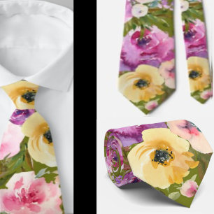 Rosa Gult Lila Grönt Vår Blommigt Neck Tie Slips