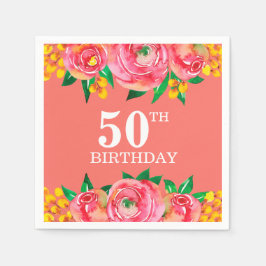 Rosa Gult Liv Blommigt med korallvattenfärg Pappersservett