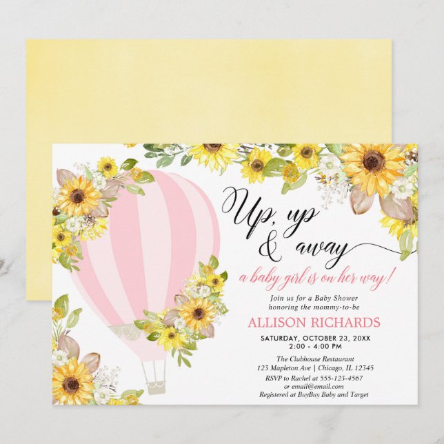 Rosa gult luftballong Solblommor flicka baby Inbjudningar (Fram/baksida)