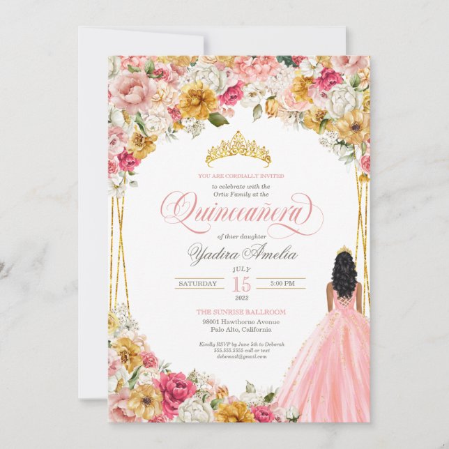  Rosa & Gult Lush Blommigt & Gown Quinceanera Inbjudningar (Framsida)