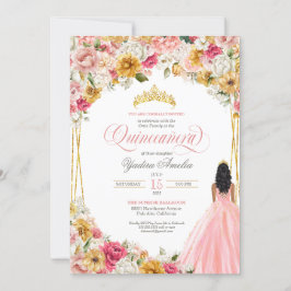  Rosa & Gult Lush Blommigt & Gown Quinceanera Inbjudningar