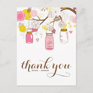 Rosa & Gult Mason Burk Blommigt Tack Postcard Vykort