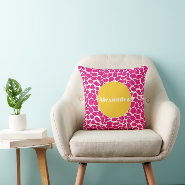Rosa Gult Monogram Giraffe Mönster Pillow Kudde (Stol)