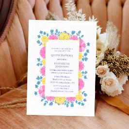 rosa gult och blå blommigt färglös quinceañera inbjudningar