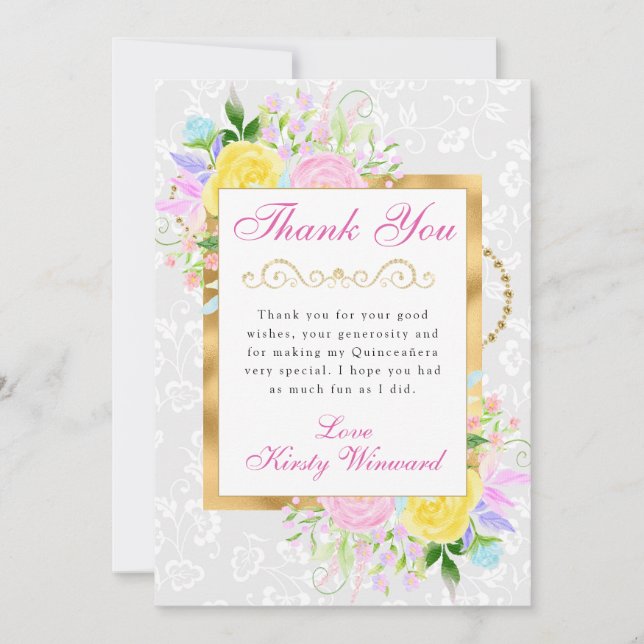 Rosa, Gult och Blåa blommor Guld Quinceanera Tack Kort (Framsida)