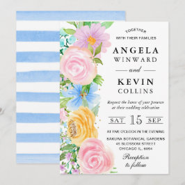 Rosa Gult och Blue Boho Flowers Bröllop Inbjudningar