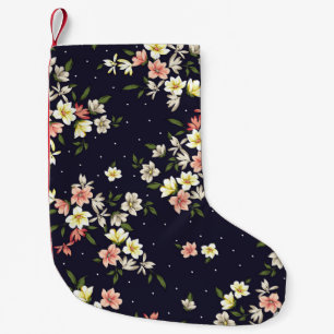 rosa gult och bruna småblommor med grönt lea liten julstrumpa