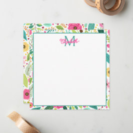 Rosa gult och turkos vårblomma monogram anteckningskort