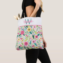 Rosa gult och turkost vårblommig monogram tygkasse