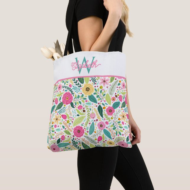 Rosa gult och turkost vårblommig monogram tygkasse (Närbild)