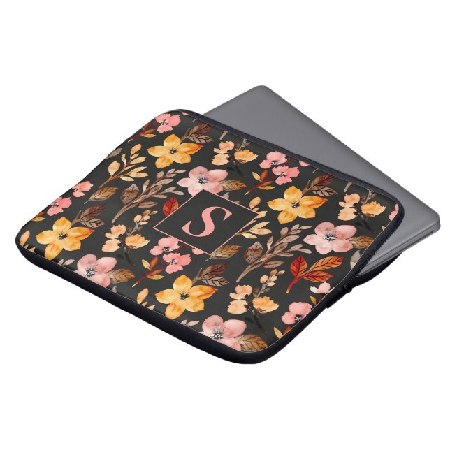 Rosa Gult Orange Blommig Svart Monogram Laptop Fodral (Framsida topp)