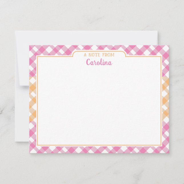 Rosa & Gult Orange Preppy Gingham Stationery Anteckningskort (Framsida)