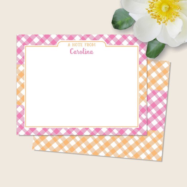 Rosa & Gult Orange Preppy Gingham Stationery Anteckningskort (Skapare uppladdad)