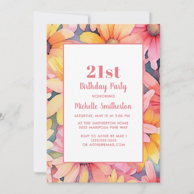 Rosa Gult Orange Vattenfärgad Blommigt 21:a födels Inbjudningar (Framsida)