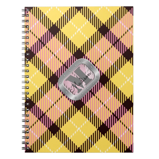 Rosa Gult Play Tartan Metallic Steel Monogram Anteckningsbok (Framsidan)