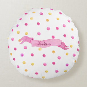 Rosa & Gult Polka Dot Namn Banner Girly Cute Rund Kudde