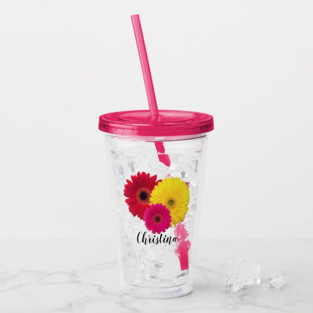 Rosa Gult Red Gerbera Daisy | PERSONLIG Take Away Mugg (Framsida Ice)