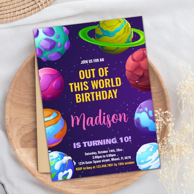 Rosa Gult Rymden födelsedag Inbjudningar (Pink Yellow Outer Space Birthday Invitations)