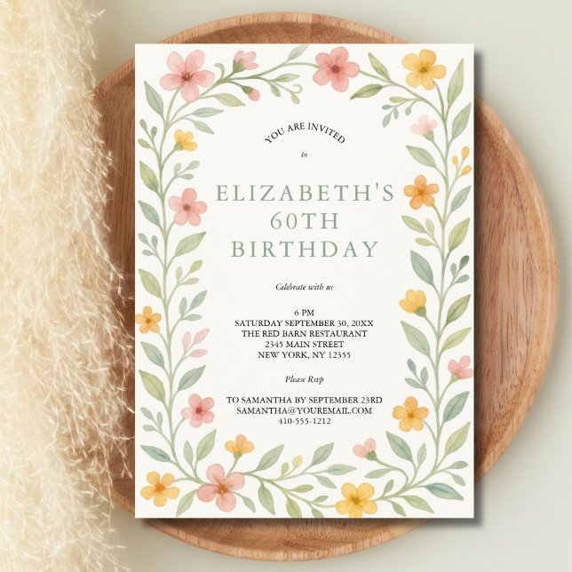 Rosa Gult Sage Grönt Blommigt Watercolor 60:e Inbjudningar (Pink yellow sage green watercolor florals 60th birthday invitation. Printed or Digital Download)