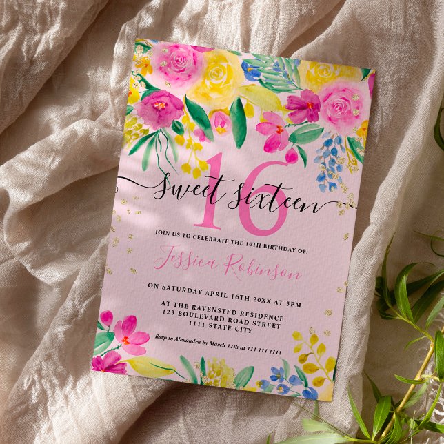 Rosa gult - skript av blommigt guld Sweet 16 Inbjudningar (Skapare uppladdad)