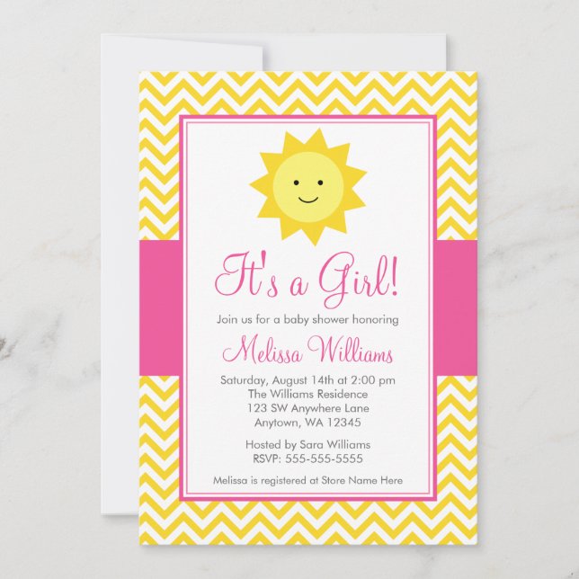 Rosa Gult Sunshine Chevron Girl Baby Shower Inbjudningar (Framsida)