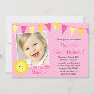Rosa Gult Sunshine Photo Birthday Inbjudningar