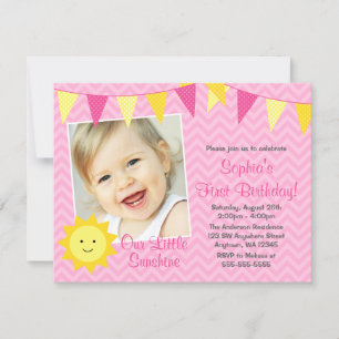 Rosa Gult Sunshine Photo Birthday Inbjudningar