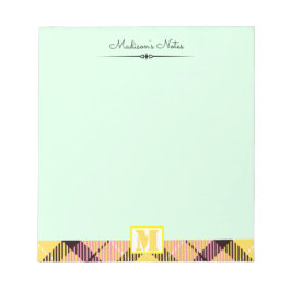 Rosa Gult Tartan Anpassad Skript Monogram Celadon Anteckningsblock