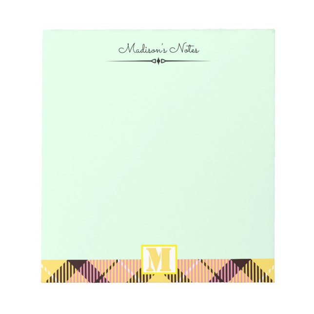 Rosa Gult Tartan Anpassad Skript Monogram Celadon Anteckningsblock (Framsida)