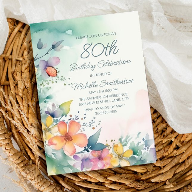 Rosa Gult Teal Pastel Blommigt 80 födelsedagar Inbjudningar (Spring watercolor floral on teal 80th birthday party invitation)
