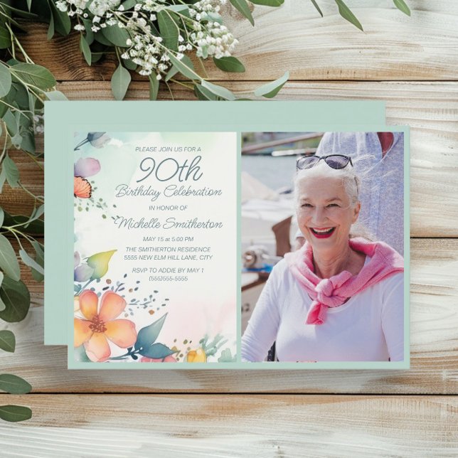 Rosa Gult Teal Pastel Blommigt 90:e födelsedagsfot Inbjudningar (Pastel floral 90th birthday photo invitation)