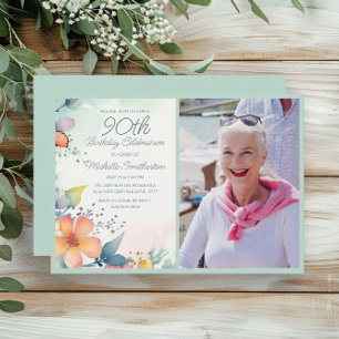 Rosa Gult Teal Pastell Blommig 90-års Födelsedagsf Inbjudningar