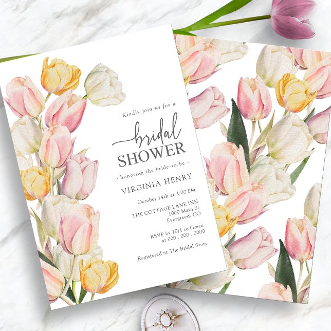 Rosa Gult Tulips Möhippa Inbjudningar (Watercolor Pink Yellow Tulips Bridal Shower Invitation by Painted Paperie
)