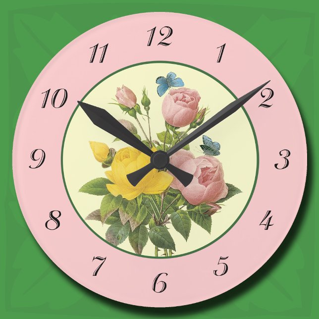 Rosa Gult Vägglås för botaniskt Ro med nummer Rund Klocka (Pink and Yellow Botanical Roses Wall Clock)