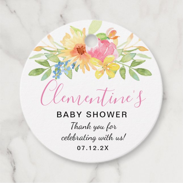 Rosa Gult Vattenfärg Babykalas Tackkort Gåvor Etiketter (Framsida)